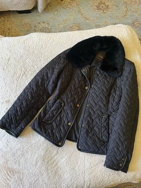 Cole Haan Black Quilted Coat with Faux Fur Trim